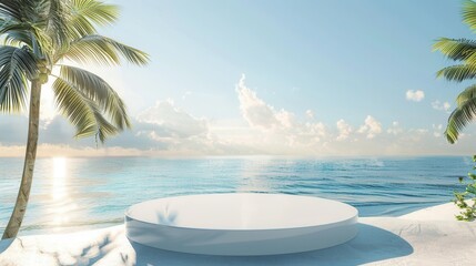Fototapeta premium Tropical beach with podium on sand surrounded by palm trees with a clear blue ocean backdrop