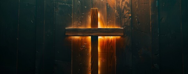Wooden cross with backlit golden light on textured wall, spiritual concept