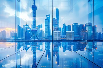 Obraz premium Modern city skyline with skyscrappers and reflection created with Generative AI