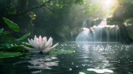 Asian landscape, waterfall, lake, lotus.
