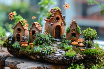 Fototapeta premium Miniature Clay Village with Lush Greenery