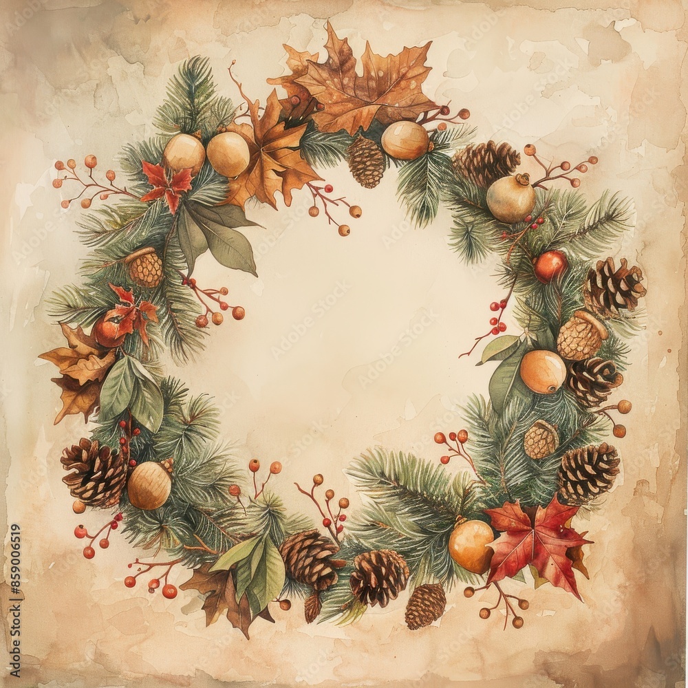 Poster this painting depicts a lush, circular wreath adorned with various elements of fall. it is beautiful
