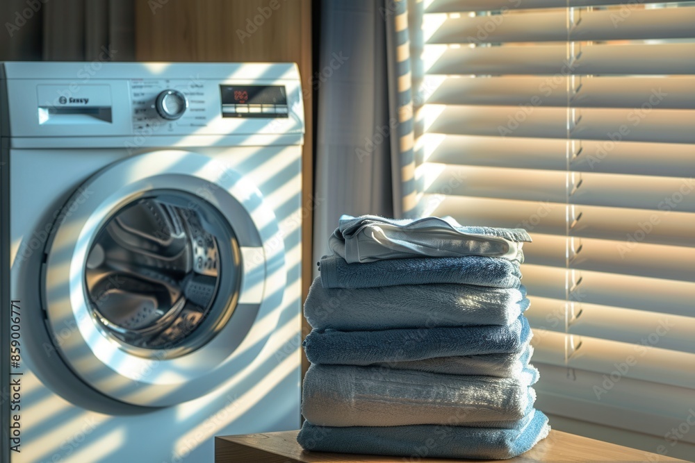 Poster a stack of neatly folded laundry sits on a wooden counter near a white washing machine, sunlight shi