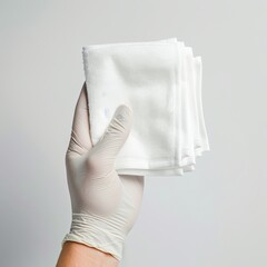 a photo of a gloved hand (medical glove) holding a white washcloth on white background --chaos 5 --style raw Job ID: d70f8cfc-c714-4361-aa5b-fbe1dfd9c0cf