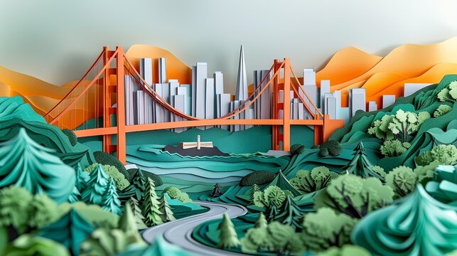 A vibrant papercraft view of San Francisco, with the Golden Gate Bridge, Alcatraz Island, and Lombard Street, showcasing the city's iconic landmarks and scenic beauty. Illustration, Minimalism,