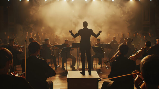 Majestic orchestra conductor leading musicians under dramatic lighting, capturing the essence of musical passion and coordination.