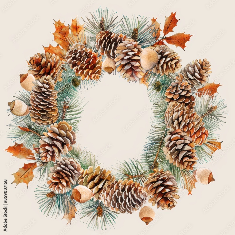 Poster this image is a watercolor painting of a wreath made from pine cones, acorns, and pine branches. the