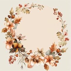 This image features a watercolor painting of a wreath made from autumn leaves, berries, and flowers. The wreath is depicted against a pale background, giving the colors of the foliage and flowers a so