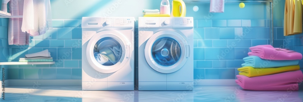 Poster a stack of neatly folded clean laundry sits on a bright blue tiled bathroom floor, next to two washi