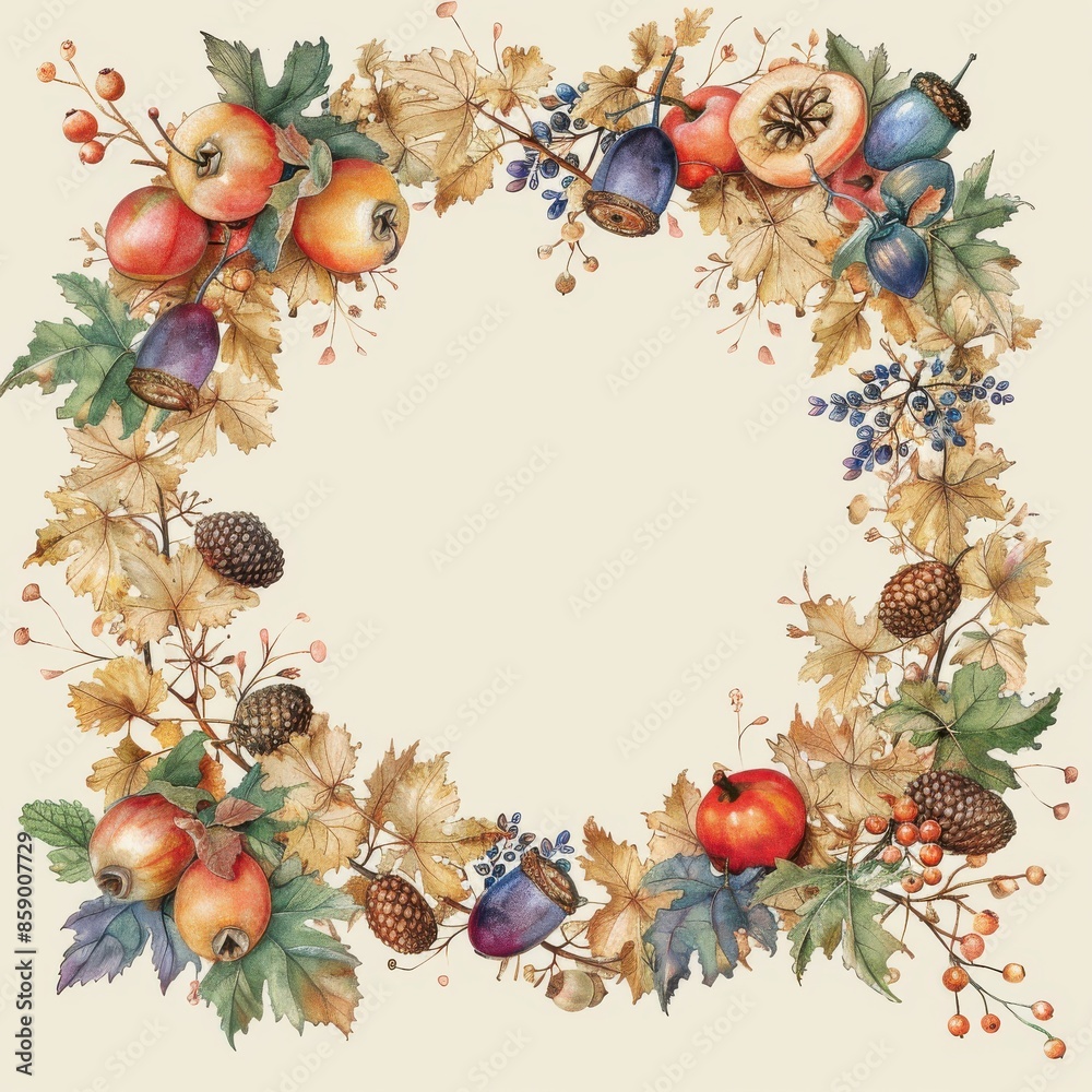 Poster this image features a watercolor painting of a wreath made of autumn leaves, berries, and acorns. th