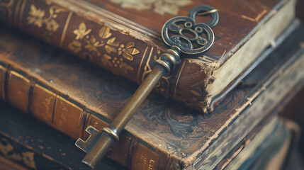 An old-fashioned key with intricate designs placed on a stack of vintage books, soft focus on the books with the key in sharp detail