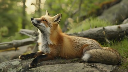 Fototapeta premium Funny red fox stretches. Concept - funny animals in the wild.