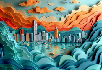 A beautifully detailed paper craft of Hong Kong's vibrant skyline, emphasizing the stunning Victoria Harbour with its surrounding high-rises and bustling city life. Illustration, Minimalism,