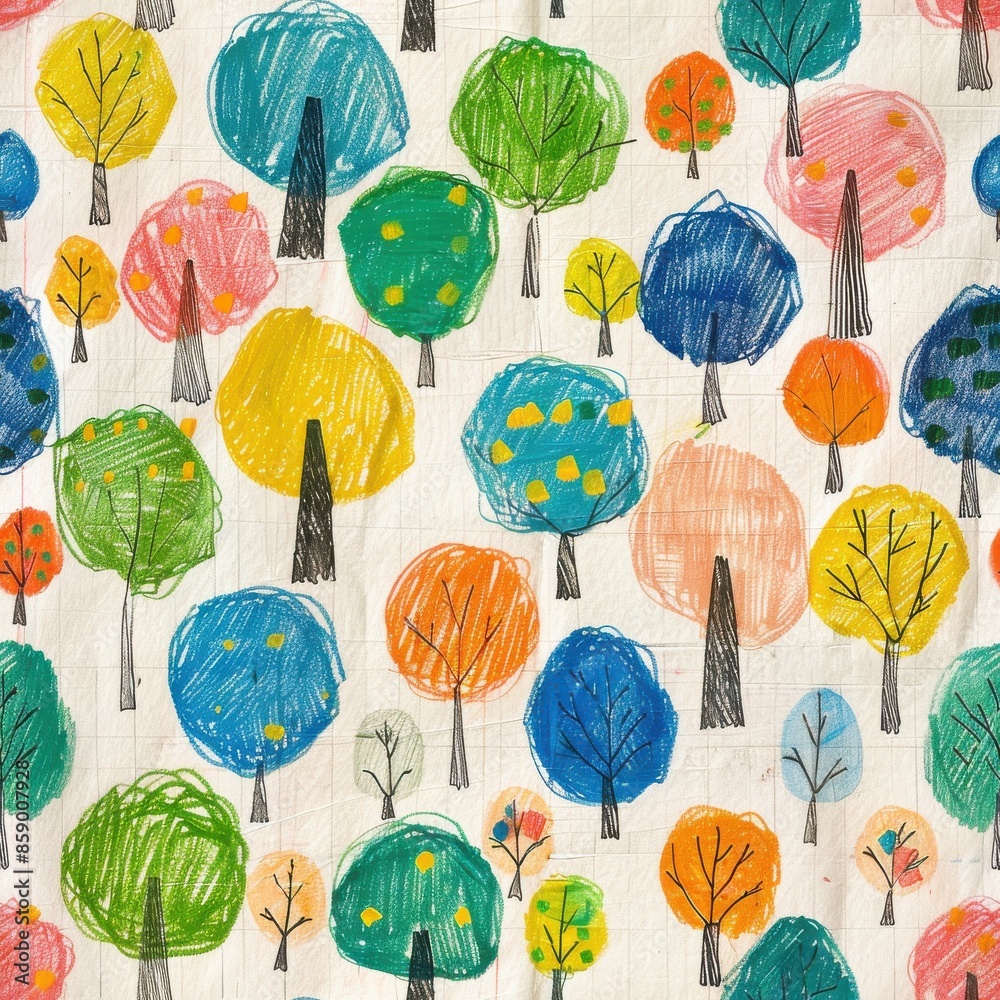 Poster a close-up image of a white fabric with a repeating pattern of colorful hand-drawn trees. the trees 