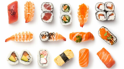 Sushi set of different  idea, creative  on background isolated