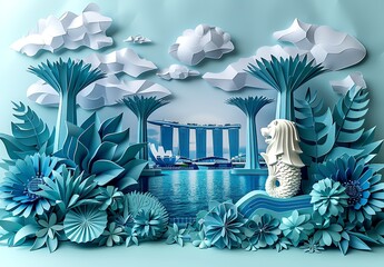 A delicate paper craft illustration of Singapore, capturing the Marina Bay Sands, the Merlion, and the lush Gardens by the Bay with its Supertree Grove. Illustration, Minimalism,