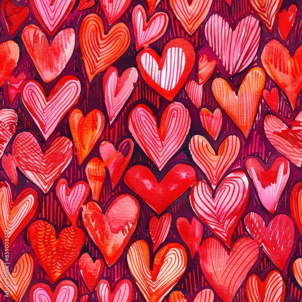 Poster This image is a seamless pattern of red and pink hearts drawn in a watercolor style. The hearts are layered and overlapping, creating a busy and romantic aesthetic. The background is a dark purple col