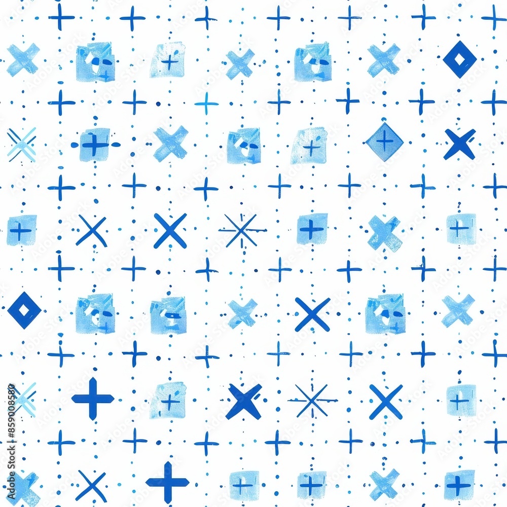 Poster This image features a repeating geometric pattern on a white background. The pattern is hand-drawn in blue ink and includes various shapes such as crosses, squares, and diamonds. The image appears to 
