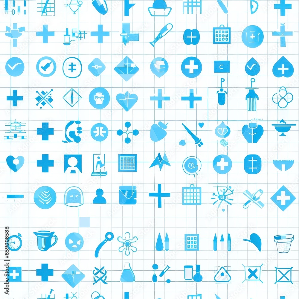Poster this image features a seamless pattern of blue icons on a white grid paper background. the icons dep