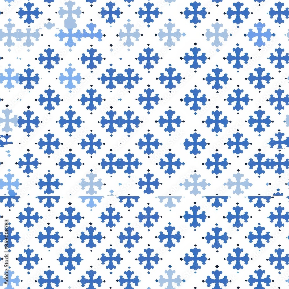 Poster This image features a repeating pattern of blue floral shapes on a white background. The pattern is symmetrical and creates a sense of order and repetition.