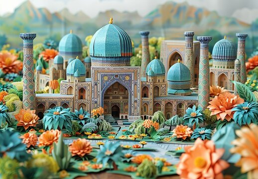 A detailed paper craft of the beautiful city of Samarkand, Uzbekistan, highlighting the Registan Square, Shah-i-Zinda, and the magnificent Bibi-Khanym Mosque. Illustration, Minimalism,