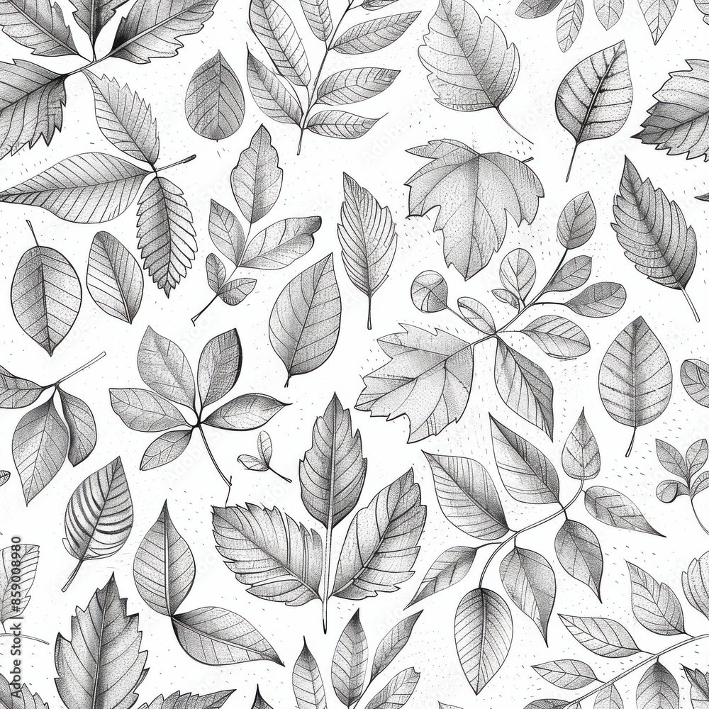 Poster This image is a seamless pattern of various leaf shapes, sketched in pencil on a white background. The leaves are drawn in a realistic style, with subtle shading and detailing. The pattern is perfect 