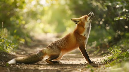Obraz premium Funny red fox stretches. Concept - funny animals in the wild.