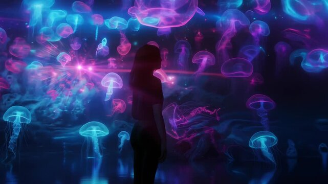 Girl plays with interactive video installation, New art form, generative graphics. Silhouette of girl looks on multi-colored neon lights jellyfishes interactive installation. 