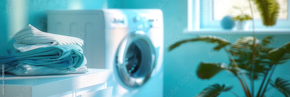 Leinwandbilder a stack of freshly laundered clothes sits neatly folded on a countertop in a bright bathroom. the wa