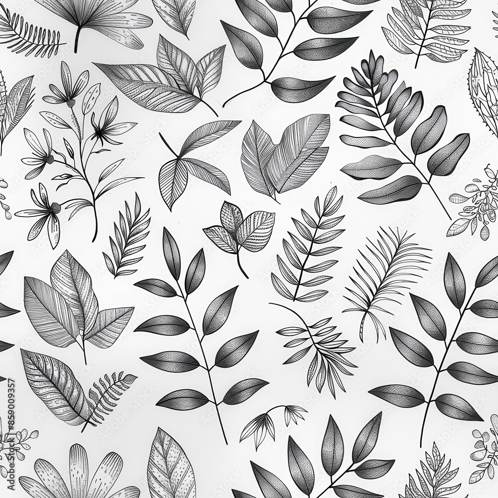 Poster This image depicts a hand-drawn, black and white pattern featuring various leaf and flower shapes. The pattern is created with fine lines, creating a detailed and intricate aesthetic. The background i