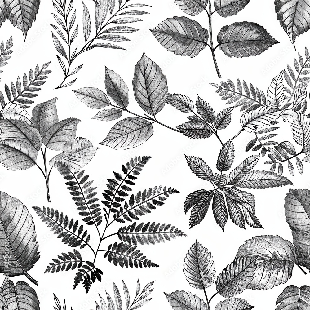 Poster a seamless pattern featuring a variety of leaves in a black and white watercolor style. the pattern 