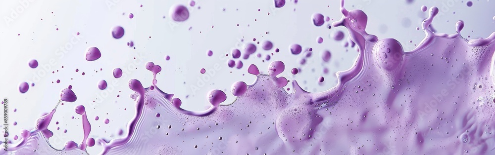 Poster An abstract image of purple liquid splashing and creating a large wave with air bubbles. The liquid is a vibrant purple color and the background is a simple white, allowing the splash to stand out.