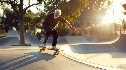 An older man showcases his skating skills at an urban skatepark, defying age with his energetic posture and confident balance on the skateboard under a golden sunset.