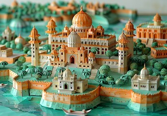 A meticulously detailed paper craft of Dhaka, Bangladesh, highlighting the Lalbagh Fort, the historic Ahsan Manzil, and the bustling Sadarghat River Port. Illustration, Minimalism,