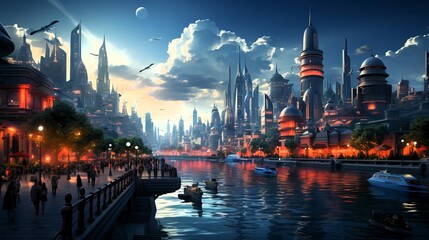 Fototapeta premium Futuristic Riverside Cityscape