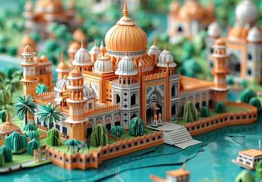 A meticulously detailed paper craft of Dhaka, Bangladesh, highlighting the Lalbagh Fort, the historic Ahsan Manzil, and the bustling Sadarghat River Port. Illustration, Minimalism,