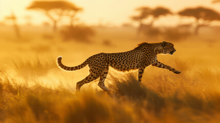A majestic cheetah strides gracefully through a golden, sunlit savanna, embodying speed and power in its natural habitat.