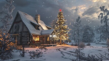 A cozy log cabin sits nestled in the snow-covered forest. The cabin is adorned with warm yellow lights, and a large, decorated Christmas tree stands proudly beside it, illuminating the snowy ground. T