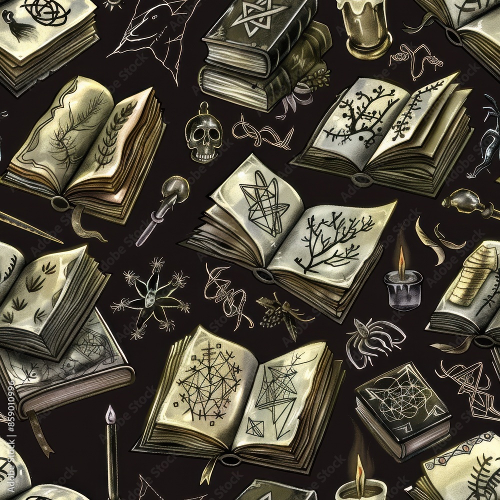Poster a seamless pattern featuring open books with illustrated pages filled with geometric shapes, symbols