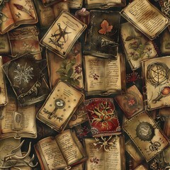 A seamless pattern featuring a collection of vintage, open books with illustrations of botanical and magical imagery on a black background. The books are in various states of wear and tear, creating a