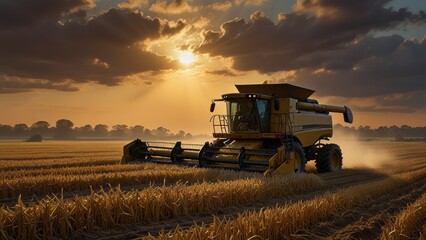 Fototapeta premium Harvesting Wheat at Sunset
