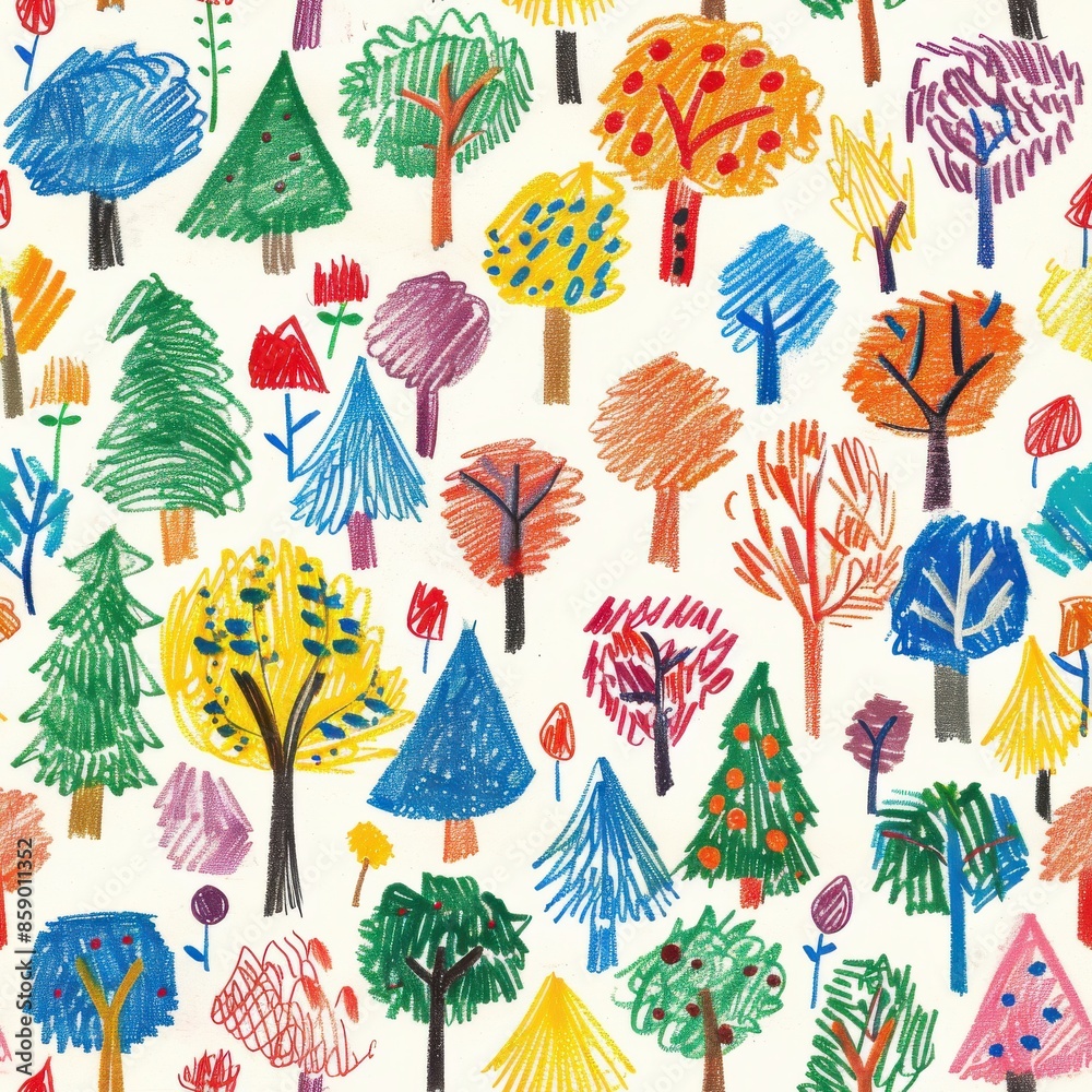 Poster A colorful pattern of hand-drawn trees on a white background. The trees are drawn in a variety of styles and colors, creating a whimsical and charming effect. The pattern is perfect for use in a varie