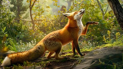 Naklejka premium Funny red fox stretches. Concept - funny animals in the wild.