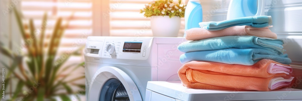Aufkleber a stack of neatly folded clean laundry rests on a countertop next to a white washing machine. genera