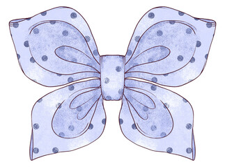 Hand Drawn Ribbon Bow Illustration, Blue Silk Bow with Polka Dot Print, Sketch Texture Colorful Art