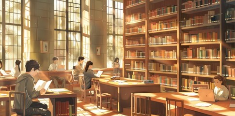 Students Studying in a Sunlit Library