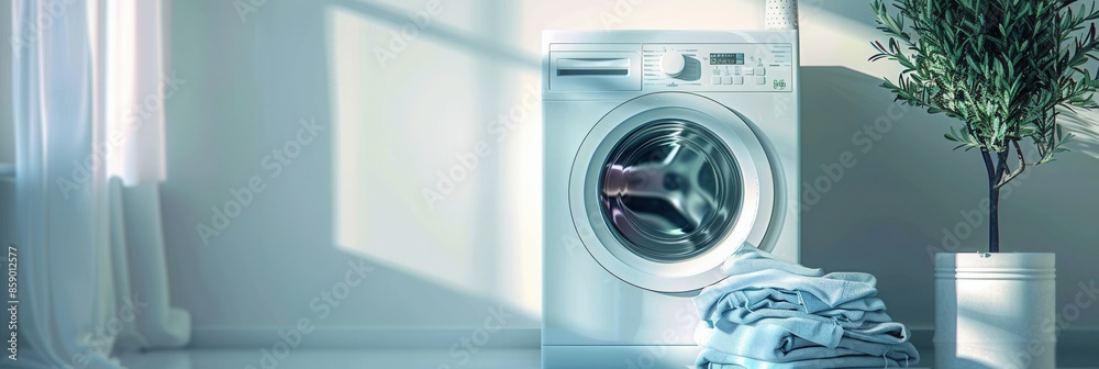 Poster a white washing machine stands in a modern bathroom with sunlight streaming through the window, illu