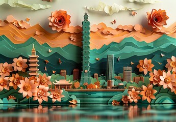 Obraz premium An intricate paper craft of the vibrant city of Taipei, Taiwan, capturing the iconic Taipei 101, the bustling Shilin Night Market, and the serene Chiang Kai-shek Memorial Hall. Illustration,