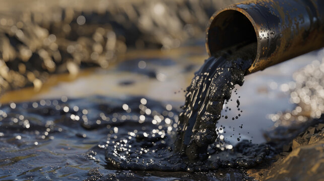 Viscous black sludge flows from an industrial pipe into water, signifying severe pollution and environmental harm.
