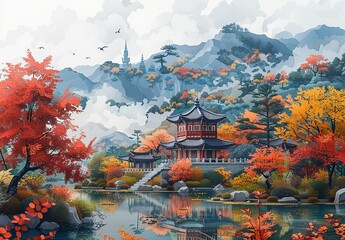 A stunning paper craft illustration of the ancient city of Gyeongju, South Korea, showcasing the historic Bulguksa Temple, the serene Anapji Pond, and the vibrant fall foliage. Illustration,